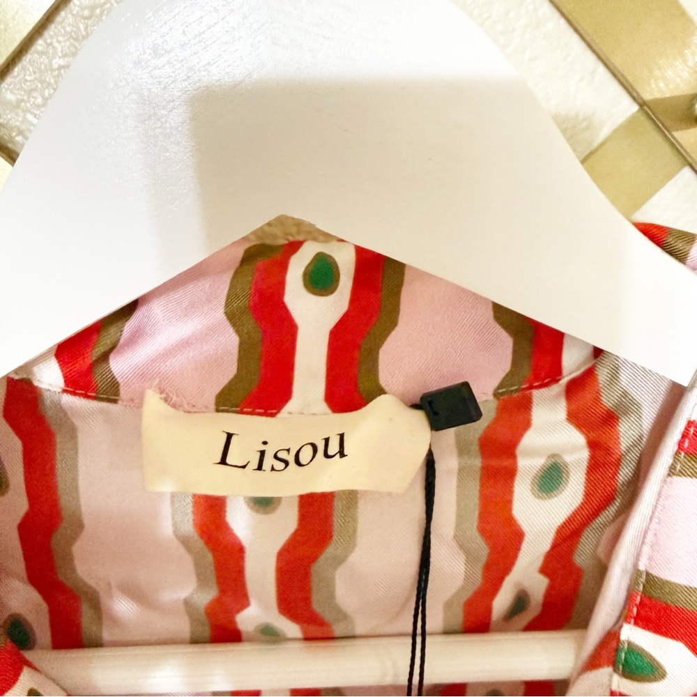 NWT Lisou Alina Silk Twill Pink Red Link Print Belted Button Front Shirt Dress - Picture 8 of 10